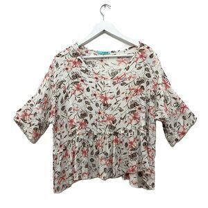 PS Kate Boho Top Floral Ruffle 3/4 Dolman Sleeve Coastal Soft Crinkle Blouse S